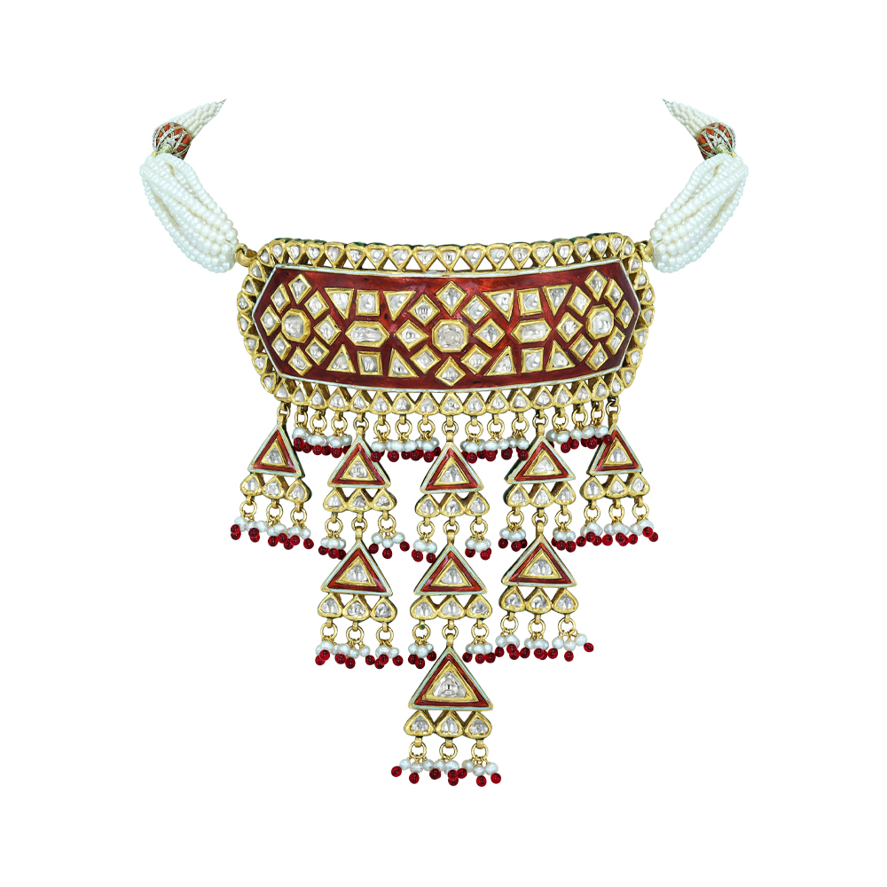 Polki Choker with Red Enamel, Triangular Motifs, and Pearl Drops